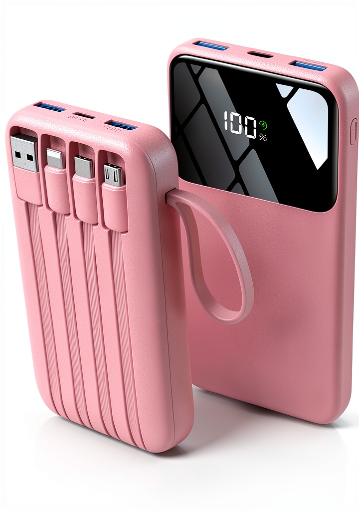 Anshi Shengying Portable Charger on a wooden desk with integrated cables spread out
