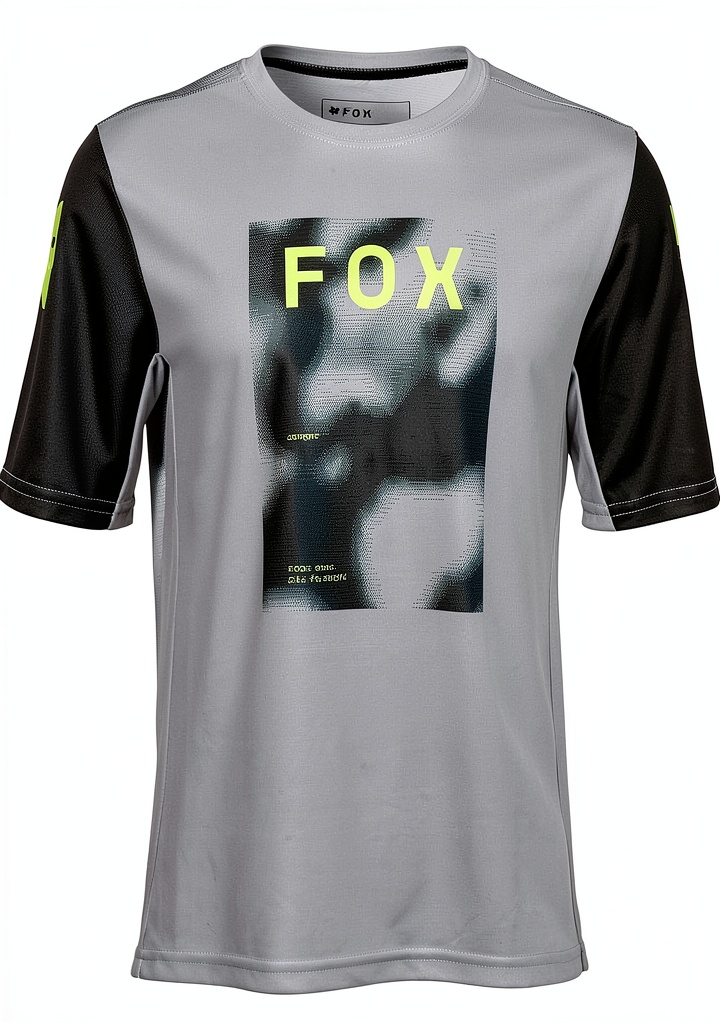 Young cyclist wearing Fox Racing jersey on a trail